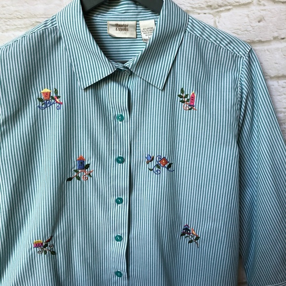 Baxter & Wells birdhouse embroidery button-up 3/4 sleeve blouse - size large - Picture 3 of 16